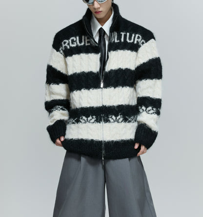 Black And White Contrast Color Thick Needle Woven Cardigan