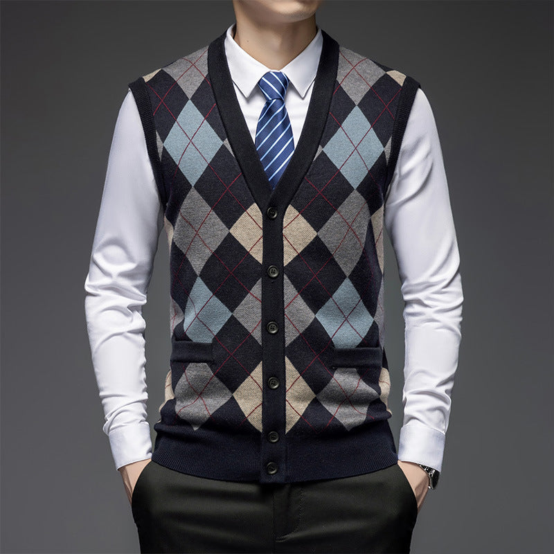 Men's Knitted Wool Vest Cardigan Sleeveless Pocket V-neck Vest