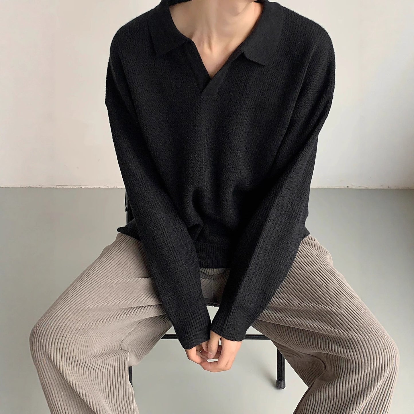 Solid Color Shirt Collar Men's Long Sleeve With Collar Outerwear Autumn Top Trendy Fake Two-piece