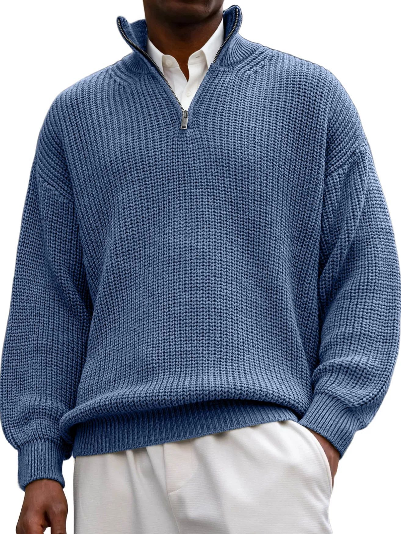 Fashion Men's Sweater Casual Long Sleeve Half Zipped Stand Collar Polo Shirt