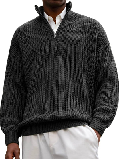Fashion Men's Sweater Casual Long Sleeve Half Zipped Stand Collar Polo Shirt