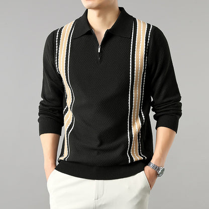 Men's Turn-down Collar Half-zip Long Sleeve Polo Stripe Color Block Sweater