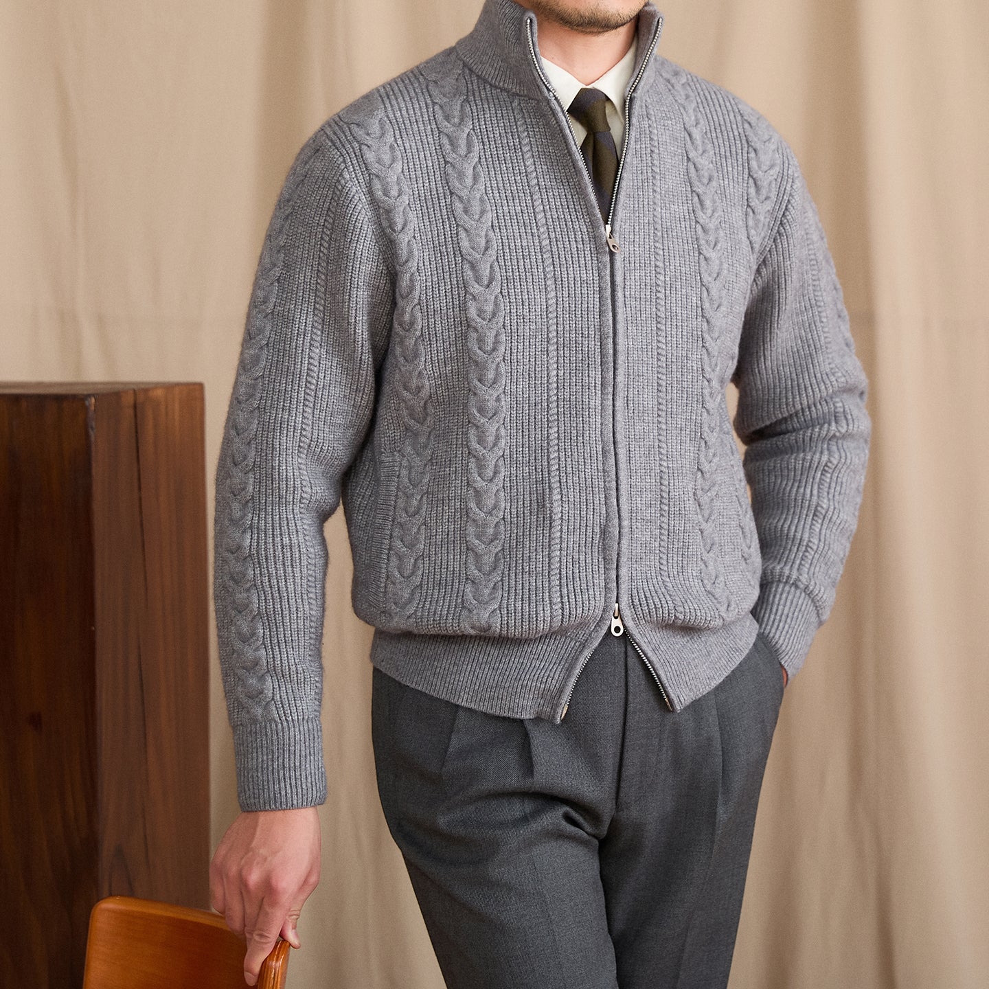 Autumn And Winter British Stand Collar Versatile Cable Knit Cardigan