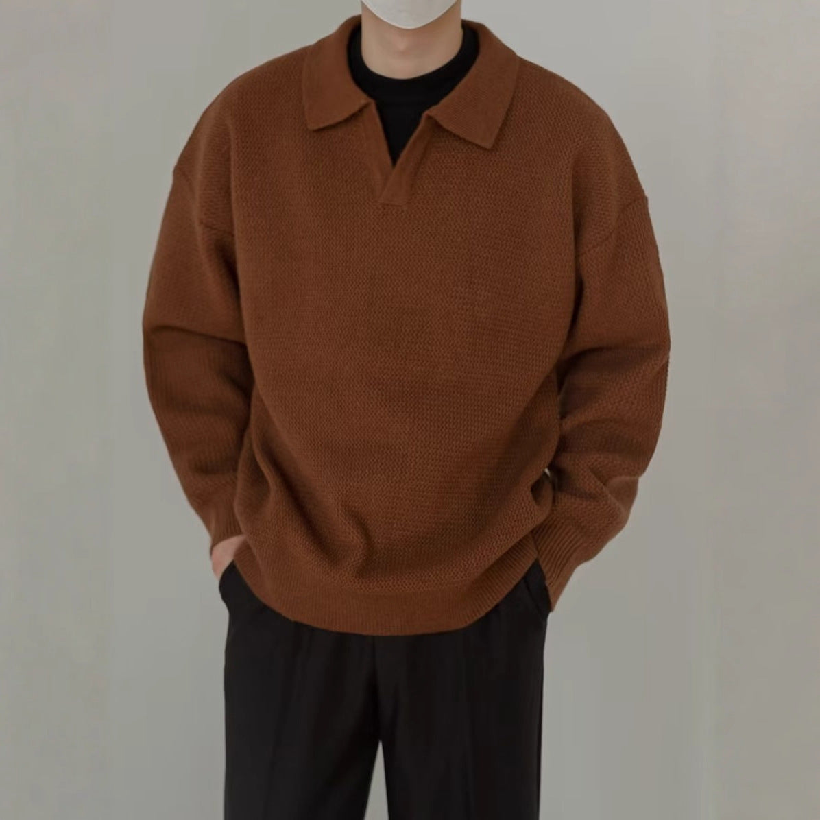 Solid Color Shirt Collar Men's Long Sleeve With Collar Outerwear Autumn Top Trendy Fake Two-piece