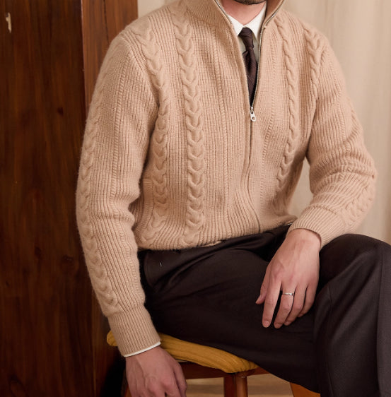 Autumn And Winter British Stand Collar Versatile Cable Knit Cardigan