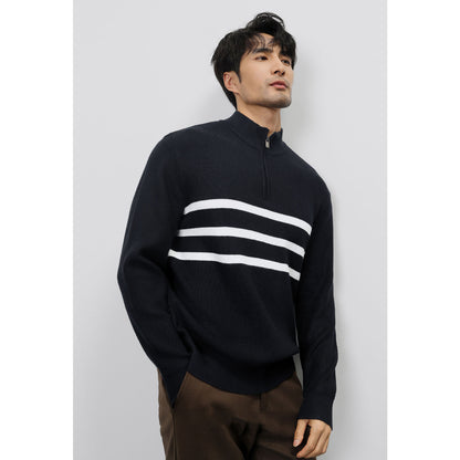 Autumn And Winter New Long-sleeved Knitted Sweater For Men Half-zip Stand-up Collar Stripe
