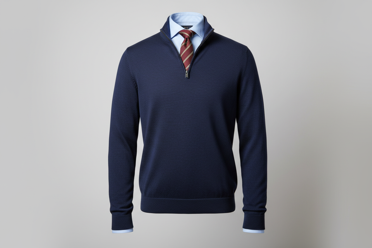 man quarter zip sweater with shirt and tie under
