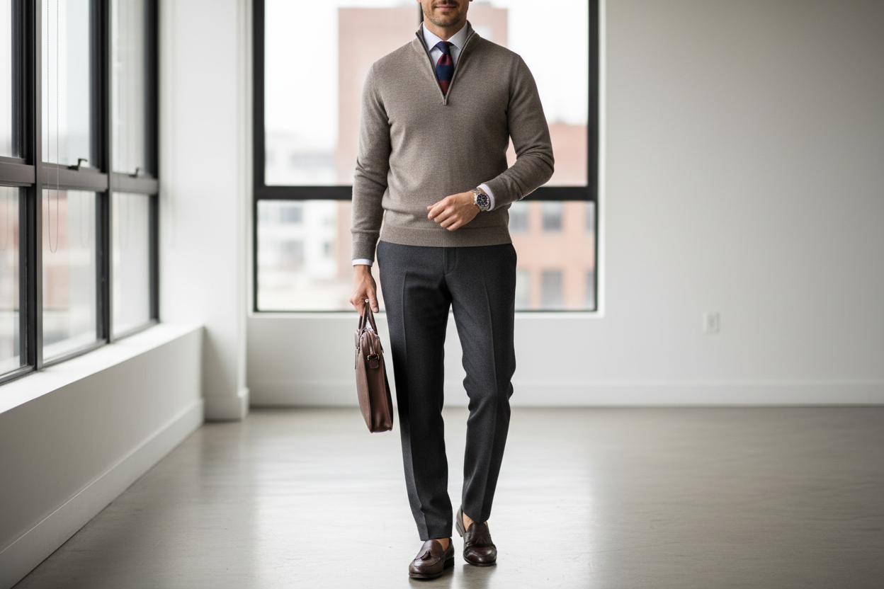 quarter zip sweater with shirt and tie